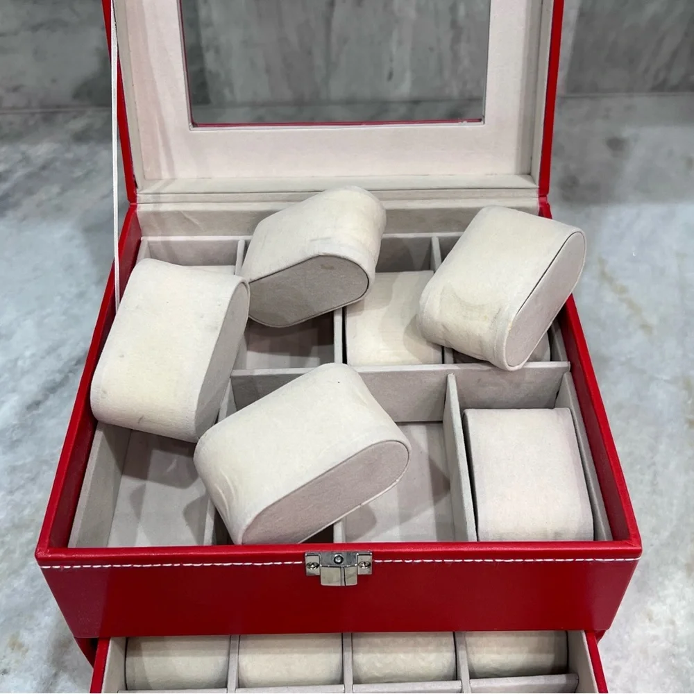 2 TIER Coral Red Faux Leather Watch Box